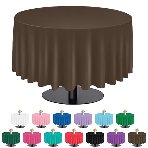 Image of tujol Brown 6 Pack Plastic Table Cloth 84 inch, Disposable Round Tablecloth Table Cover, Plastic Tablecloths for Parties