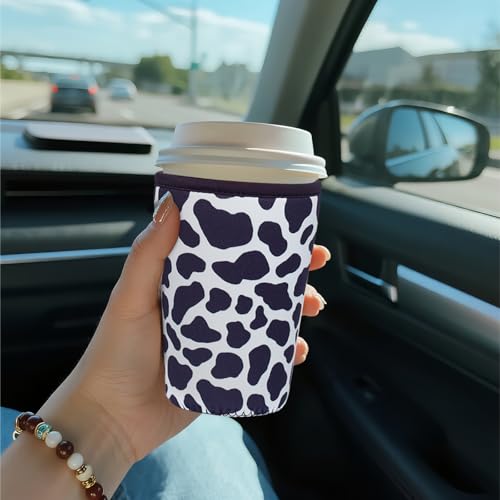 Image of Reusable Insulated Sleeve for Iced Coffee Cup, Coffee Neoprene Sleeve for Cold & Hot Drinks, Beverage Holder for Iced Coffee (Cowprint Chic, Small: 16-18oz)