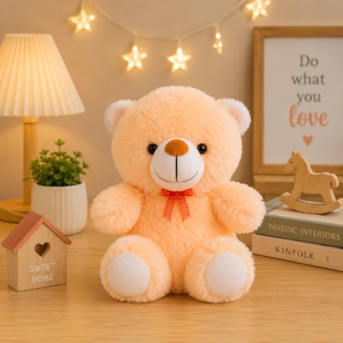 Image of Plush Teddy Bear, 20 cm, Butter Yellow with Orange Bow, Soft Stuffed Animal