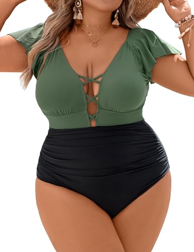 Blooming Jelly Women's Plus Size One Piece Swimsuit Tummy Control Bathing Suit Cute V Neck Maternity Swimwear