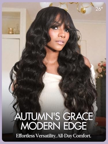 Image of LUVME HAIR 7x6 HD Lace All-Day Comfort Wig with Bangs 200% Density Hair PartingMax Lace Wigs Loose Body Wave Lace Front Wigs Human Hair Pre Cut Plucked Lace Frontal Glueless 16 Inches
