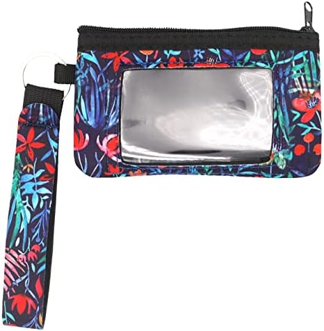 CalorMixs Women's ID Case Zipper Wallet Card Holder with Lanyard Interlayer Pocket Key Coin Pouch Keychain Purse Neoprene Wristlet Wallet Floral Print(Jungle Night)