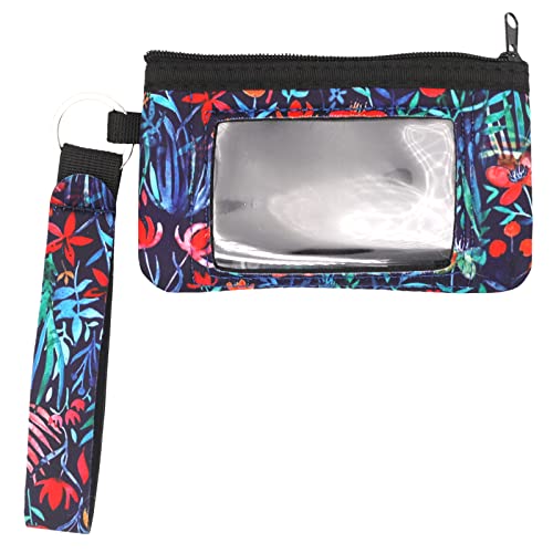 Calormixs Women's Id Case Zipper Wallet Card Holder With Lanyard Interlayer Pocket Key Coin Pouch Keychain Purse Neoprene Wristlet Wallet Floral Print(Jungle Night) #TOP18