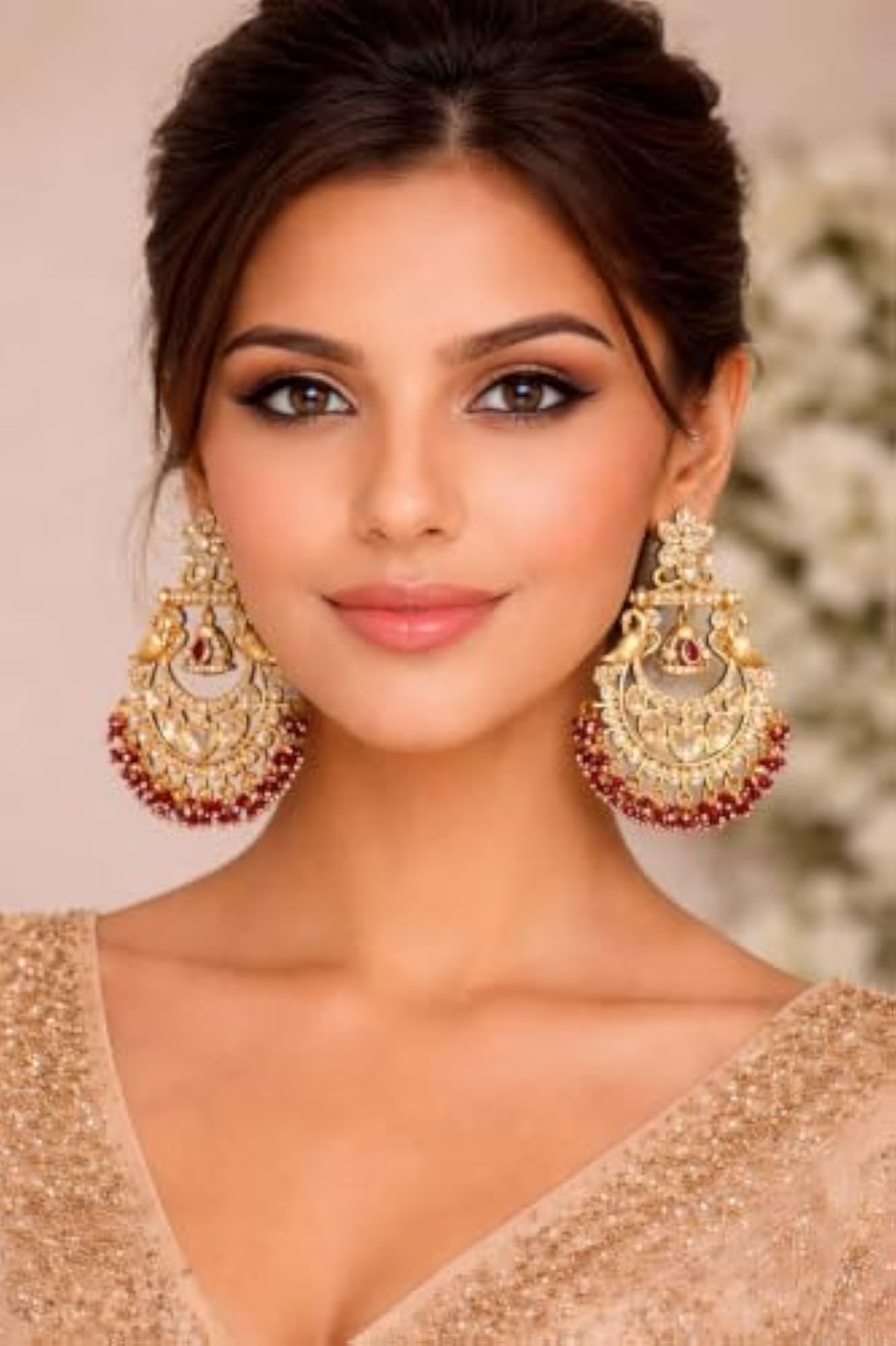 Kundan Chandbali Jhumka Earrings Gold Plated with Red Beads