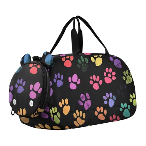 Kids Sports Duffel Bag for Boys & Girls - Colorful Dog Animal Paw Prints 100% Polyester Gym Bag with Separate Shoe Compartment, Adjustable Shoulder Strap, Compact Travel & Workout Gear Bag