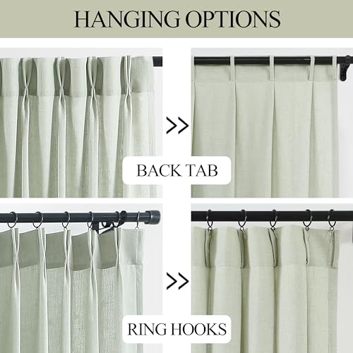 Image of Vision Home Soft Green Pinch Pleated Semi Sheer Curtains Textured Linen Blended Light Filtering Window Curtains 120 inch for Living Room Bedroom Pinch Pleat Drapes with Hooks 10ft 2 Panels 40 inchWx120 inchL