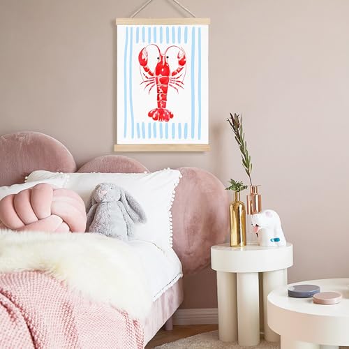 Image of PQKIY Coastal Beach Lobster Wall Art Poster Hanger Frame 12x16 in, Summer Watercolor Nautical Beach Seafood Blue Striped Aesthetic Wall Decor Canvas Prints for Home Kitchen Dining Room