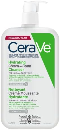 CeraVe Hydrating Cream-to-Foam Facial Cleanser, One-Step Face Wash With Hyaluronic Acid & Amino Acid Complex, Gently Cleanses Skin, Non-Comedogenic, Fragrance-Free, Normal to dry skin, 562mL