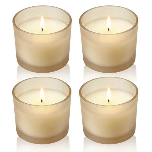 Set of 4 White Unscented Soy Candles,Warm Beige Glass Votive Candles, Hand-Poured Wax Candles for Home Décor, Aromatherapy, Spa, Holidays, Parties, and Weddings 10-12 Hours Burn Time (Warm Beige)