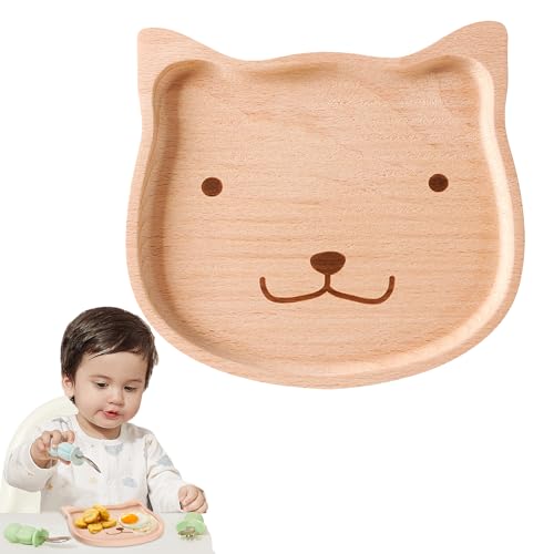 poraceous Platos de Madera para Servir para Niños, Bandeja de Madera con Motivo de Gatito, Bandeja para Joyas, Destete Guiado, Ventosa para Comida de Bebé, Galletas de Pan y Fruta (15,5 x 14 cm)