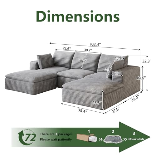 Image of 103 inch Cloud Couch Modular Sectional Sofa for Living Room, U-Shape Boneless Couch with Deep Seat, Modern Corduroy 3-Seater with Ottoman, No Assembly Required, Light Grey
