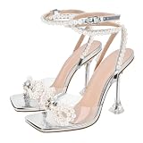 Yolkomo Pearl Heels for Women Silver Clear Stiletto High Heeled Sandals Square Toe Ankle Strap Chunky Heeled Sandals Sexy Open Toe Silver Heels for Women Wedding Bridal Dressy Birthday Prom Size 8