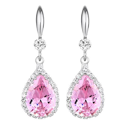 Linawe Pink Crystal Dangle Earrings For Women Trendy Silver Jewelry Set Teardrop Diamond Rhinestone Cubic Zirconia Drop Dangling Costume Wedding Bride Bridesmaid Gift For Mom Wife Her Girls Valentines #TOP11