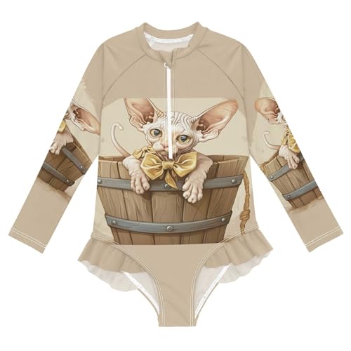 Cute Sphynx Cat in Bucket Girls Long Sleeve Swimsuit UPF 50+ Rashguard Swimwear One Piece Bathing Suit 21220666