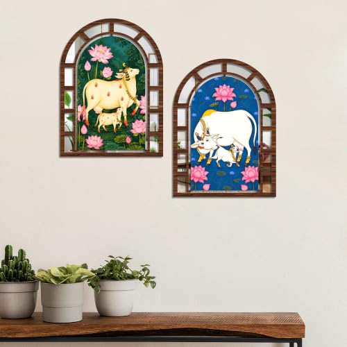 Image of Artvibes Kamdhenu Cow Wall Hanging Decor | Decorative Jharokha Mirror for Living Room, Bedroom, Hall, Prayer Room, Dining Room, Foyer & Entryway | Gift (WHJ 12047N), Set of 2