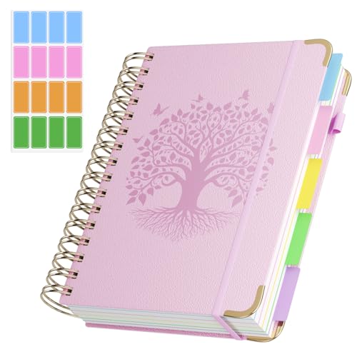 QIYVLOS Hardcover Spiral Notebook, A5 Journal with Removable Dividers Tabs, 5 Subject Notebook College Ruled, 320 Pages 6"x8" Leather Notebooks for Work School Study, Lined Journal for Women, Pink