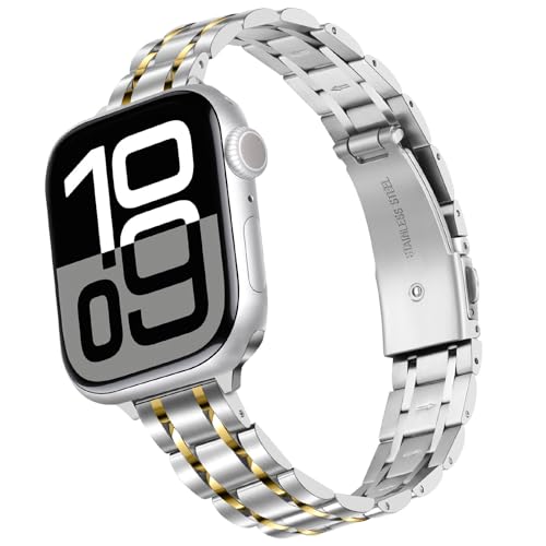 HITZEE Thin Metal Bands Compatible with Apple Watch Band 49/46/45/44/42mm, Slim Stainless Steel Band Strap for Women Compatible for iWatch Ultra 3/2/1 SE3-1 Series 11 10 9 8 7 6 5 4 3 2 1, Silver Gold