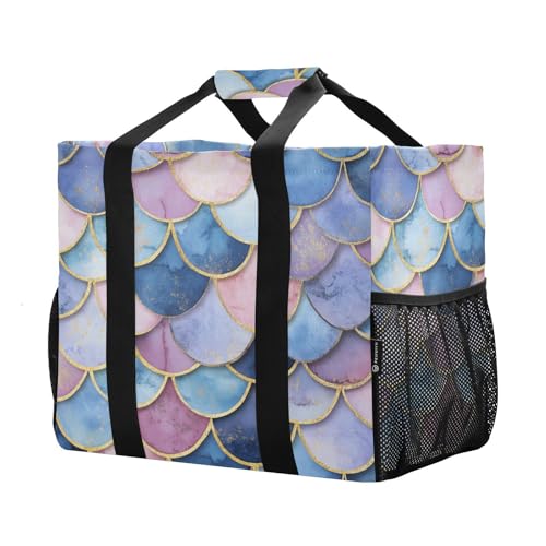 Large Waterproof Travel Tote Bag for Women Men, Watercolor Pink Blue Mermaid Scales Canvas Beach Bag with Lining & Pockets - Reusable Grocery/Laundry/Kitchen/Pool/Picnic Tote (15.4x9.8x12.8i2