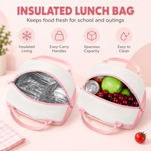 Image of LOIDOU Kids Backpack for Teen Girls Bookbags School Backpack with Lunch Box and Pencil Case 3 in 1 School Bags Set (Pink White)