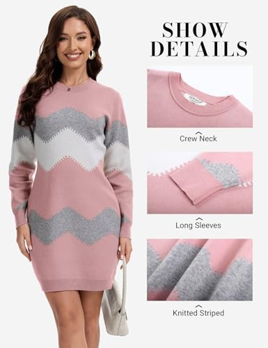 PEHMEA Women's Knitted Striped Bodycon Mini Sweater Dress Long Sleeve Crew Neck Fall Winter4