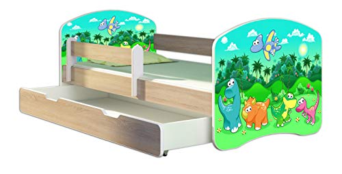 ACMA Lit Enfant Bébé TIROIR Matelas Gratuite CHÊNE Sonoma II (30 Dinosaures, 160 x 80 cm + tiroir)