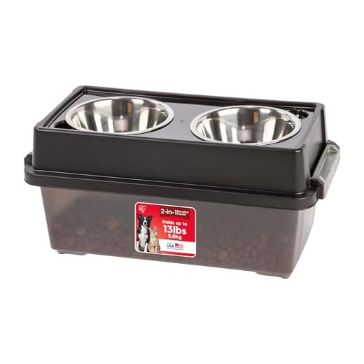 IRIS USA Elevated Dog Bowls with Storage, 9" H Raised Bowl for Small Dogs, Airtight Pet Food Storage Holds Up to 13 lbs, at Home or Camping, Smoke/Black