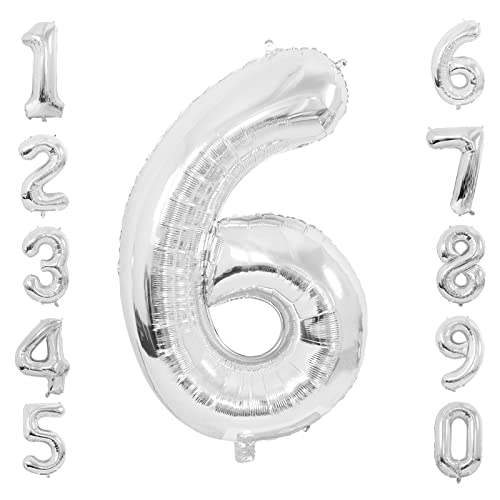 Ousuga 40 Inch Silver Number 6 Balloon, Large Giant Digital Self Inflating Helium Mylar Foil Balloons for Boys Girls Birthday Silver Wedding Graduation Hollywood Space Theme Party Decors (6)