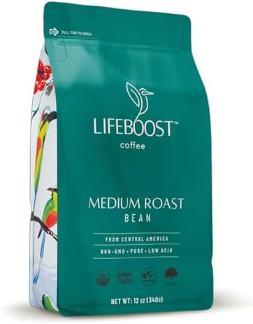 Lifeboost Organic Coffee Beans Medium Roast - Low Acid Single Origin Non-GMO Organic Whole Bean Coffee - Third Party Tested For Mycotoxins & Pesticides - 12 Ounces