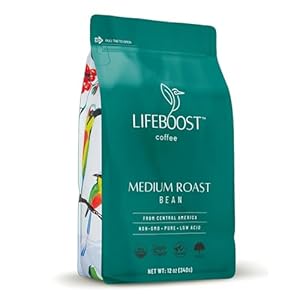 Lifeboost Whole Bean Coffee – Organic, Low Acid Coffee Beans – Medium Roast, Non-GMO, Mycotoxin-Free, Clean & Smooth, USDA Organic – 12oz Bag