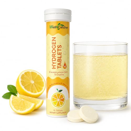 Hydrogen Tablets for Drinking Water: Molecular Hydrogen Tabs 12.4PPM with Magnesium NAC Creatine Supports Antioxidants Cellular Health Recovery Cognitive Function Vegan Organic Lemon Flavor