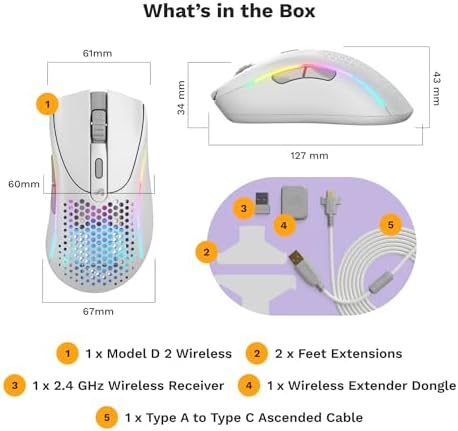 Glorious Gaming - Model D 2 Wireless Ergonomic Mouse, Superlight 66g, up to 210 hr Battery Life, 26K Optical Sensor, 6 Programmable Buttons, 80 Million Clicks, FPS, MMO, MOBA, Battle Royale (White) — view 7