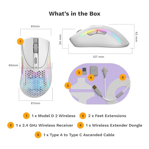 Glorious Gaming - Model D 2 Wireless Ergonomic Mouse, Superlight 66g, up to 210 hr Battery Life, 26K Optical Sensor, 6 Programmable Buttons, 80 Million Clicks, FPS, MMO, MOBA, Battle Royale (White) by GLORIOUS - Image 8