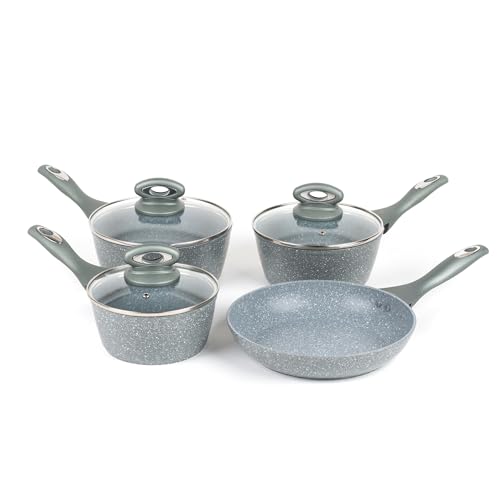 Salter Marblestone 4 Piece Cooking Set – 16cm, 18cm, 20cm Saucepans with Lids, 24cm Frying Pan, Non-Stick, Corrosion Resistant Forged Aluminium, PFOA-Free, Suitable for All Hobs, Dishwasher Safe