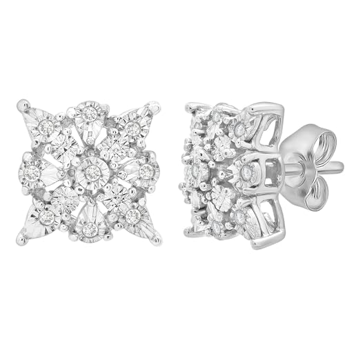 Timeless Love 925 Sterling Silver Cluster Diamond Stud Earrings, 1/10