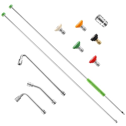 EZALOR Pressure Washer Extension Wand, 120" Stainless Steel Power Washer Lance With Molded Grip, 30&deg;, 90&deg;, 120&deg; Curved Rod, 5 Spray Nozzle Tips, 1/4" Quick Connect, 4000 PSI