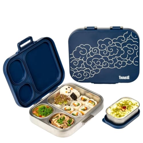 Image of Basil Bento Box Quad Plus - 3+1 Compartment Stainless Steel Lunch Box (1020ml) with BPA-Free Lid | Leak-Proof Tiffin for Kids & Adults | Premium Lunch Box for School, Office & Picnic - Midnight Sora