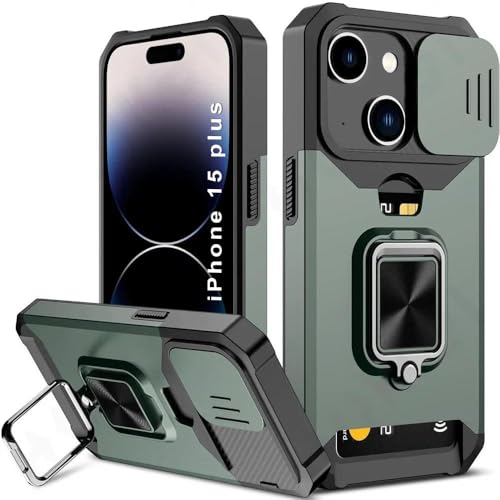 Image of LuxuryKase Shockproof Armor Case for iPhone 15 Plus | Slide Camera Cover | Hidden Card Slot | Rotating Ring Kickstand | Magnetic Car Mount Support | Military Grade Protection - Green