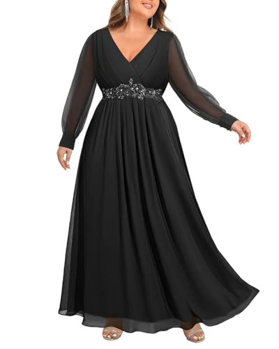 Pinup Fashion Women Plus Size Formal Dresses Black Long Sleeve Evening Chiffon Bridesmaid Wedding Elegant Ruched A-Line Maxi Dress