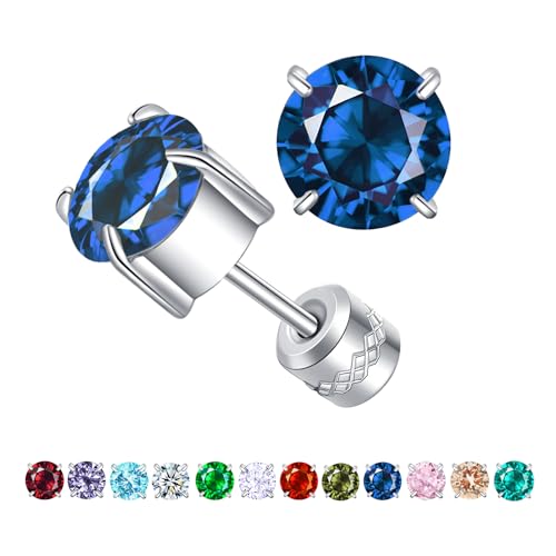 ZQGOFPT Titanium Flat Back Surgical Stainless Steel Stud Earrings for Women Men Birthstone Stud Earrings Hypoallergenic Double Side 5A Cubic Zirconia Studs Jewelry 6mm (September(Sapphire))