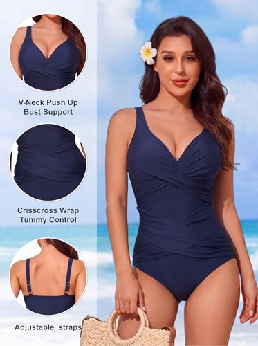 Image of Smismivo Tummy Control Swimsuits for Women Slimming One Piece Bathing Suit Retro Ruched Push Up Vintage Padded Swimwear