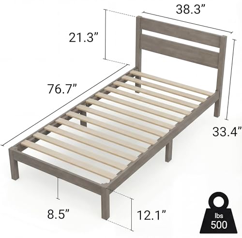 Image of LIFEMENT Twin Bed Frame with Headboard Classic Wood Platform, Noise Free, Under Bed Storage, No Box Spring Needed, Easy Assembly, Gray