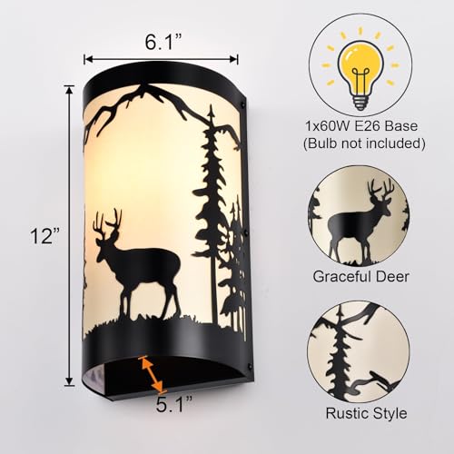Image of Wall Sconces Set of Two,Deer Cream White Parchment Rustic Wall Sconces,Farmhouse Black Sconce Light,Industrial Metal Indoor Wall Lamps for Bedroom,Living Room,Hallway(Hardwired Only)