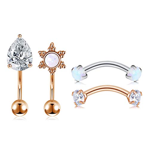 QWALIT 16G Daith Snug Rook Earrings Piercing Jewelry Surgical Steel Anti Tragus Forward Helix Piercings Opal CZ Eyebrow Curved Barbell Bar 6mm 8mm for Women Silver Rose Gold
