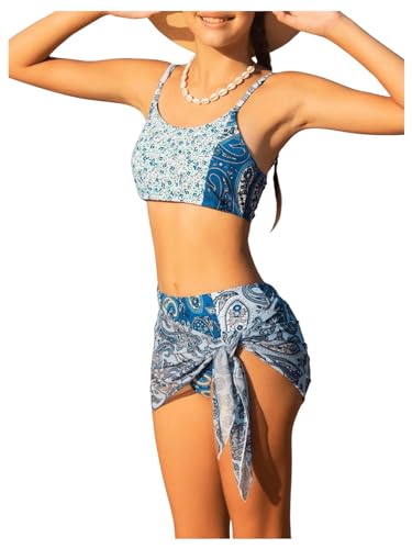 Image of SHENHE Girl's 3 Piece Swimsuit Floral High Waisted Paisley Print Bikini Set with Cover Up Sarong Green 14Y