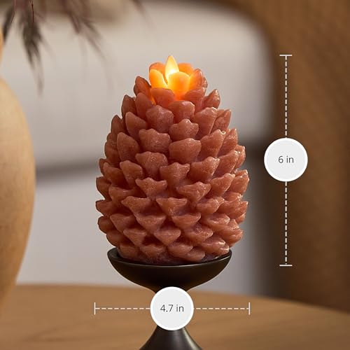 Image of Luminara Flameless Candle 4.7 inch x 6 inch Battery Operated with Timer Real Wax Unscented LED Pinecone Caramel Cafe Chalky Finish Pine Cone Figural Holiday Decoration Rustic Centerpiece Table Decor