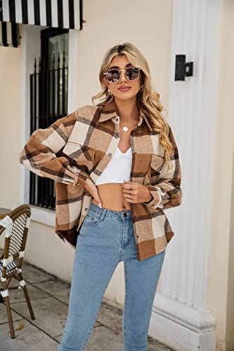 Mundoven Womens Sherpa Lined Flannel Jacket Lapel Button Down Warm Fleece Plaid Shirt Shacket Coat With Pockets(0096-Browngrey-Xl) #TOP1