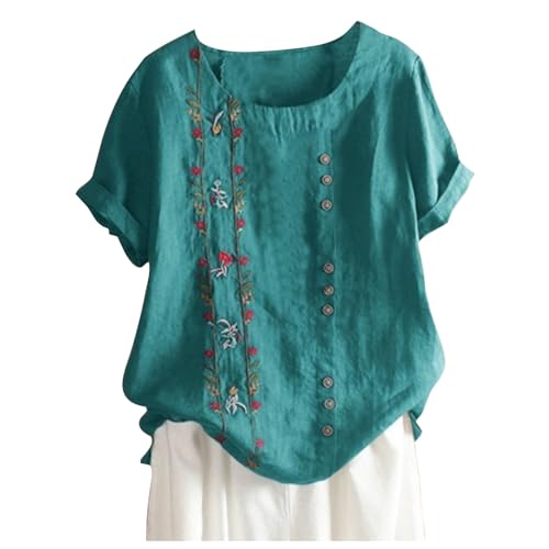 2025 - Maglietta da donna con ricamo di lino in cotone retrò, a maniche corte, casual, Bonprix, Celeste., L 2025 - Maglietta da donna con ricamo di lino in cotone retrò, a maniche corte, casual, Bonprix, Celeste., L