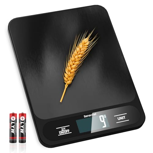 食品スケール、22ポンド超薄型デジタルキッチンスケール、1g/0.05オンスの精度、ベーキング、料理、減量に最適 6つの測定ユニットとLCDディスプレイ、ブラック、お手入れ簡単、バッテリー付属の商品画像（Amazon）