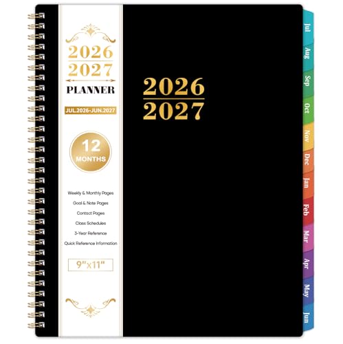 Planner 2026-2027 - Academic Planner 2026-27, Jul.2026 - Jun.2027, 9"x11", 2026-2027 Planners Weekly and Monthly with Colorful Tabs + Class Schedules + Back Pocket + Twin-Wire Binding - Black