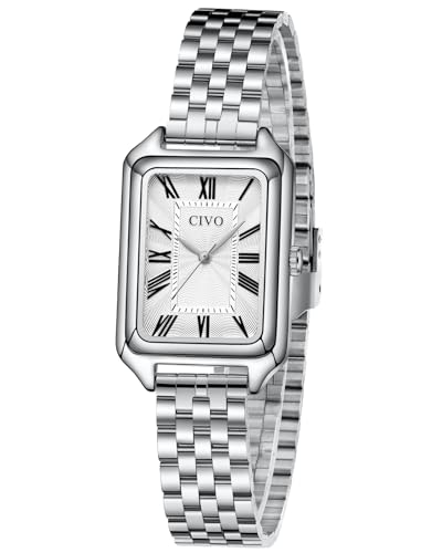 CIVO Vintage Armbanduhr Damen Silber: Rechteckiges Gehäuse mit Römischen Ziffern - Damenuhr Edelstahl für Hochzeiten, Jubiläen, Formelle Anlässe